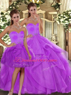 Fancy Lilac Sweet 16 Dress Sweet 16 and Quinceanera with Beading and Ruffles Sweetheart Sleeveless Lace Up