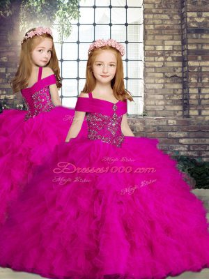 Straps Sleeveless Little Girls Pageant Dress Floor Length Beading and Ruffles Fuchsia Tulle