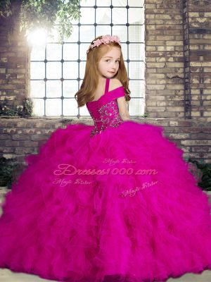 Straps Sleeveless Little Girls Pageant Dress Floor Length Beading and Ruffles Fuchsia Tulle