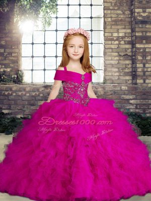 Straps Sleeveless Little Girls Pageant Dress Floor Length Beading and Ruffles Fuchsia Tulle