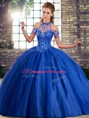 Ball Gowns Sleeveless Royal Blue Quinceanera Gown Brush Train Lace Up