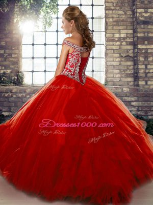 Off The Shoulder Sleeveless Quinceanera Dresses Floor Length Beading and Ruffles Blue Tulle