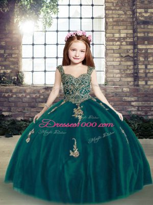 Lovely Sleeveless Lace Up Floor Length Appliques Pageant Dress for Girls