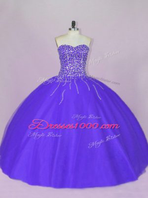 Blue and Purple Tulle Lace Up Sweetheart Sleeveless Floor Length Quinceanera Gown Beading