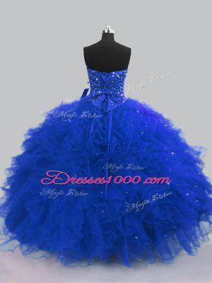 Flirting Royal Blue Sleeveless Floor Length Beading and Ruffles Lace Up Sweet 16 Dress