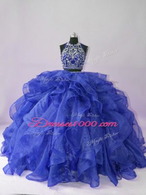 Two Pieces Sweet 16 Dresses Royal Blue Scoop Organza Sleeveless Floor Length Backless