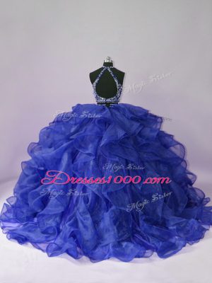 Two Pieces Sweet 16 Dresses Royal Blue Scoop Organza Sleeveless Floor Length Backless