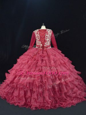 Great Long Sleeves Organza Floor Length Lace Up Ball Gown Prom Dress in Burgundy with Ruffled Layers