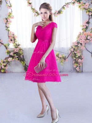 Hot Pink Cap Sleeves Mini Length Lace Lace Up Wedding Party Dress