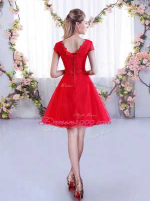 Hot Pink Cap Sleeves Mini Length Lace Lace Up Wedding Party Dress