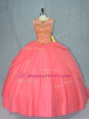 Watermelon Red Ball Gowns Scoop Sleeveless Tulle Brush Train Lace Up Beading Vestidos de Quinceanera
