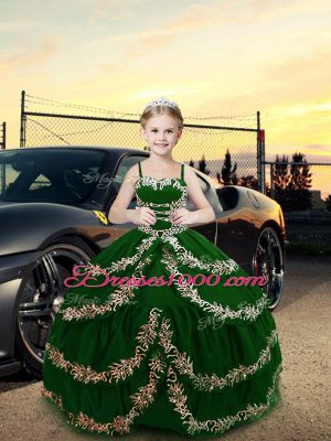 Graceful Dark Green Lace Up Little Girls Pageant Gowns Embroidery Sleeveless Floor Length