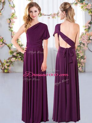 Beautiful Dark Purple Empire Chiffon One Shoulder Sleeveless Ruching Floor Length Criss Cross Wedding Party Dress