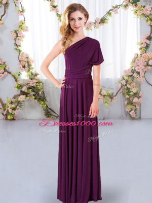 Beautiful Dark Purple Empire Chiffon One Shoulder Sleeveless Ruching Floor Length Criss Cross Wedding Party Dress