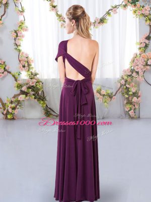 Beautiful Dark Purple Empire Chiffon One Shoulder Sleeveless Ruching Floor Length Criss Cross Wedding Party Dress