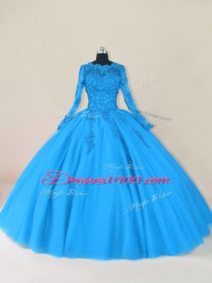 Floor Length Blue Ball Gown Prom Dress Scalloped Long Sleeves Zipper