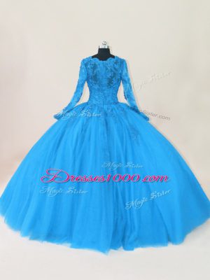 Floor Length Blue Ball Gown Prom Dress Scalloped Long Sleeves Zipper
