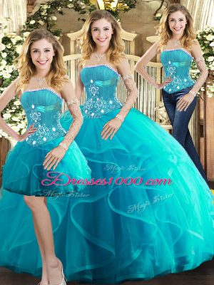 Best Strapless Sleeveless Lace Up Sweet 16 Dresses Aqua Blue Tulle