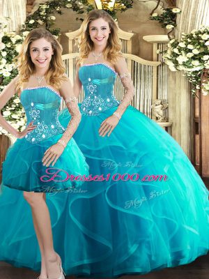 Best Strapless Sleeveless Lace Up Sweet 16 Dresses Aqua Blue Tulle