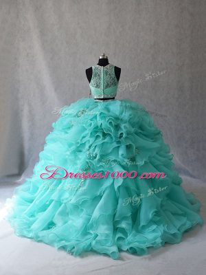 Amazing Sleeveless Brush Train Zipper Beading and Ruffles Sweet 16 Dress