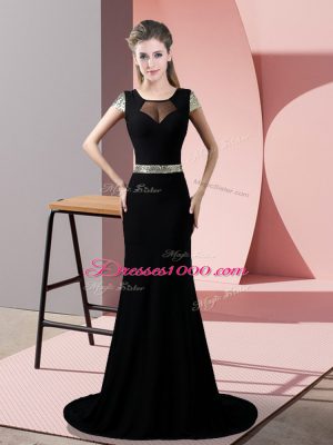 Colorful Black Short Sleeves Sweep Train Sequins Prom Gown