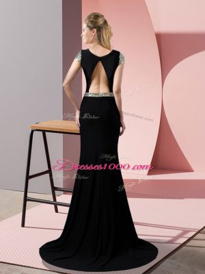 Colorful Black Short Sleeves Sweep Train Sequins Prom Gown