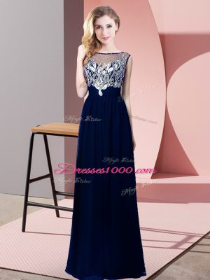 Royal Blue Backless Scoop Beading Prom Gown Chiffon Sleeveless