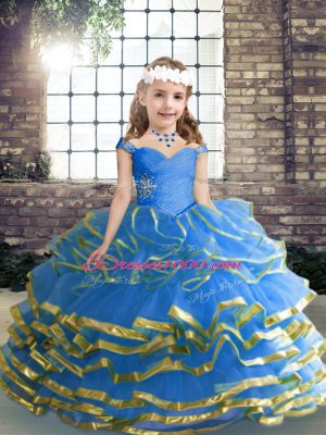 Exquisite Blue Tulle Lace Up Pageant Gowns For Girls Sleeveless Floor Length Beading and Ruffled Layers and Ruching