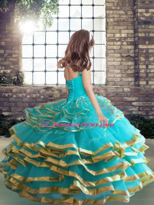 Exquisite Blue Tulle Lace Up Pageant Gowns For Girls Sleeveless Floor Length Beading and Ruffled Layers and Ruching