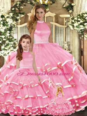Pink Ball Gowns Beading and Ruffled Layers 15 Quinceanera Dress Lace Up Organza Sleeveless Floor Length