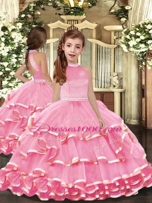 Pink Ball Gowns Beading and Ruffled Layers 15 Quinceanera Dress Lace Up Organza Sleeveless Floor Length