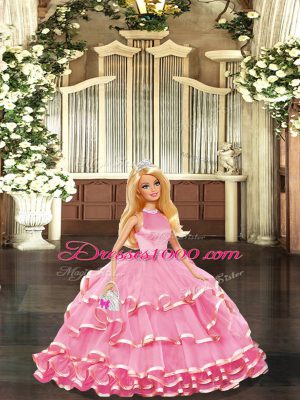 Pink Ball Gowns Beading and Ruffled Layers 15 Quinceanera Dress Lace Up Organza Sleeveless Floor Length