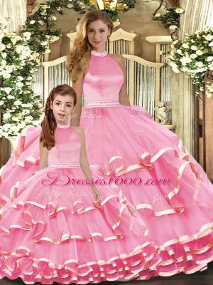 Pink Ball Gowns Beading and Ruffled Layers 15 Quinceanera Dress Lace Up Organza Sleeveless Floor Length