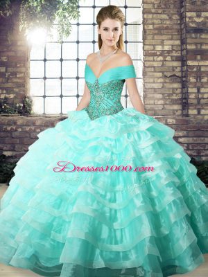 Popular Apple Green Organza Lace Up Off The Shoulder Sleeveless 15 Quinceanera Dress Brush Train Beading and Ruffled Layers