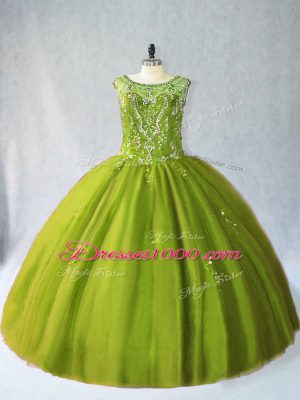 Best Sleeveless Floor Length Beading Lace Up 15 Quinceanera Dress with Olive Green