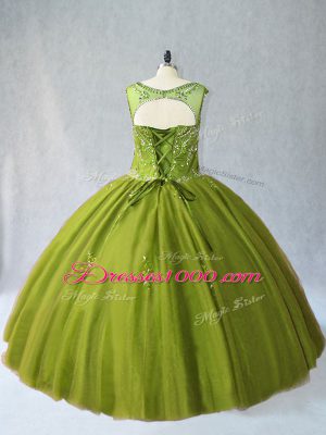 Best Sleeveless Floor Length Beading Lace Up 15 Quinceanera Dress with Olive Green