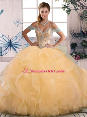 Colorful Floor Length Gold Sweet 16 Quinceanera Dress Off The Shoulder Sleeveless Lace Up