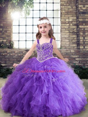Lavender and Purple Straps Lace Up Beading and Ruffles Kids Formal Wear Sleeveless