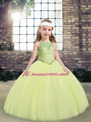 On Sale Sleeveless Floor Length Beading Lace Up Little Girl Pageant Dress with Light Yellow