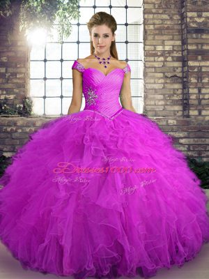 Colorful Tulle Off The Shoulder Sleeveless Lace Up Beading and Ruffles Sweet 16 Dress in Fuchsia