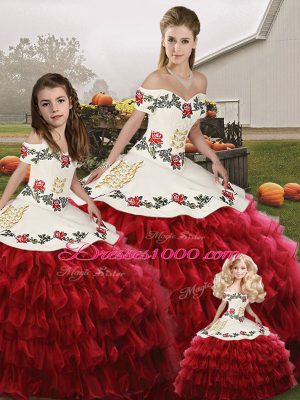 Wine Red Off The Shoulder Neckline Embroidery and Ruffled Layers Quinceanera Gowns Sleeveless Lace Up