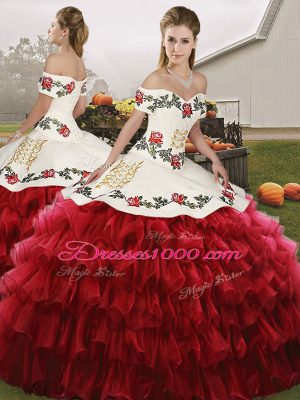 Wine Red Off The Shoulder Neckline Embroidery and Ruffled Layers Quinceanera Gowns Sleeveless Lace Up