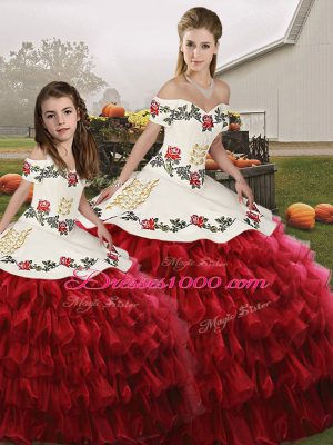 Wine Red Off The Shoulder Neckline Embroidery and Ruffled Layers Quinceanera Gowns Sleeveless Lace Up