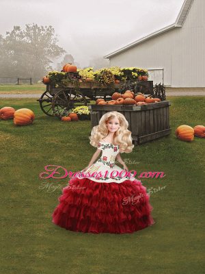 Wine Red Off The Shoulder Neckline Embroidery and Ruffled Layers Quinceanera Gowns Sleeveless Lace Up