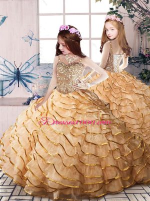 Gold Sleeveless Court Train Beading and Ruffled Layers Little Girls Pageant Dress