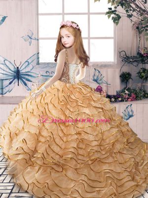 Gold Sleeveless Court Train Beading and Ruffled Layers Little Girls Pageant Dress