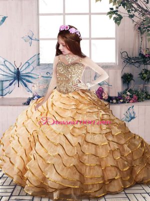 Gold Sleeveless Court Train Beading and Ruffled Layers Little Girls Pageant Dress