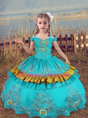 Most Popular Aqua Blue Little Girls Pageant Dress Wedding Party with Beading and Embroidery Off The Shoulder Sleeveless Lace Up