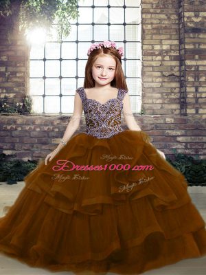 Ball Gowns Sleeveless Brown Little Girls Pageant Gowns Lace Up