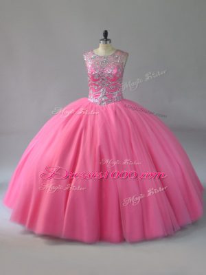 Elegant Pink Lace Up Quince Ball Gowns Sleeveless Beading